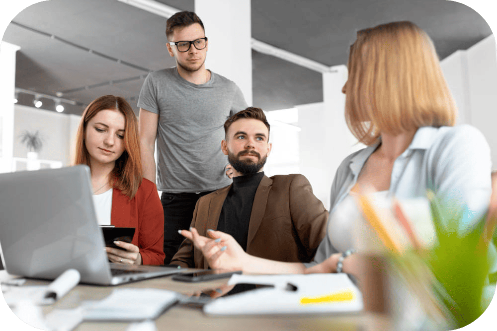 A diverse team of crypto SEO experts collaborating in a modern office, surrounded by computer screens displaying blockchain analytics and SEO dashboards, with a vibrant atmosphere of innovation and strategy planning.